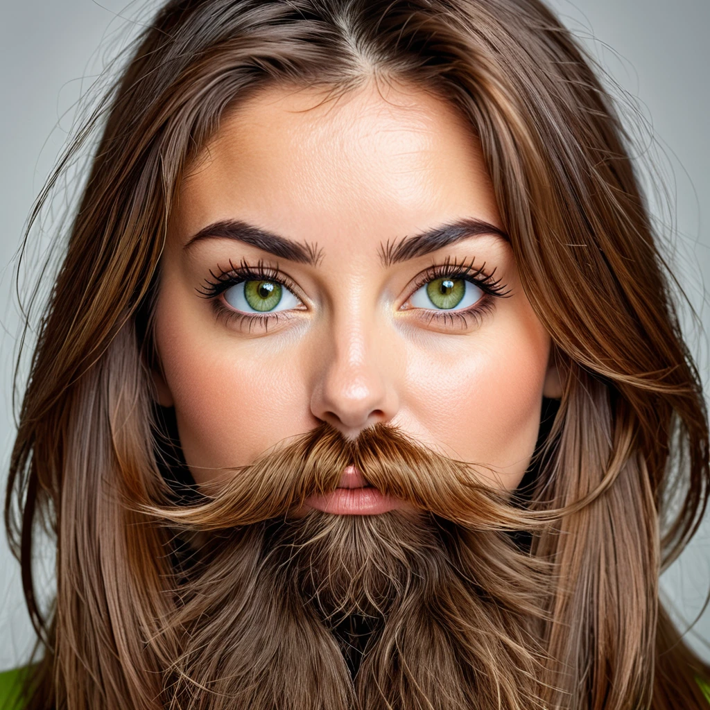 ultra sharp portrait, woman with huge shaggy beard on the cheeks under the eyes, tied brown hair, light green eyes, big nose