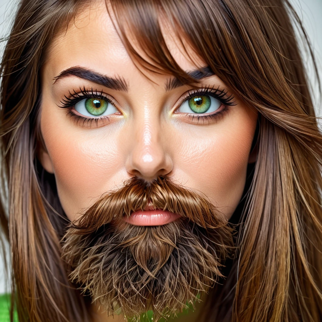 ultra sharp portrait, woman with huge shaggy beard on the cheeks under the eyes, tied brown hair, light green eyes, big nose