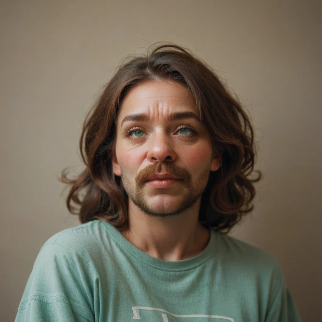 ultra sharp portrait, woman with huge shaggy beard on the cheeks under the eyes, tied brown hair, light green eyes, big nose