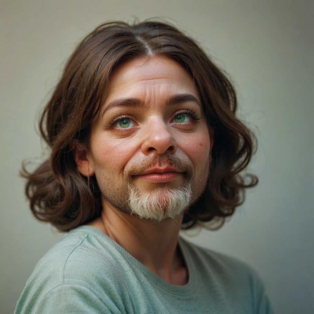 ultra sharp portrait, woman with huge shaggy beard on the cheeks under the eyes, tied brown hair, light green eyes, big nose