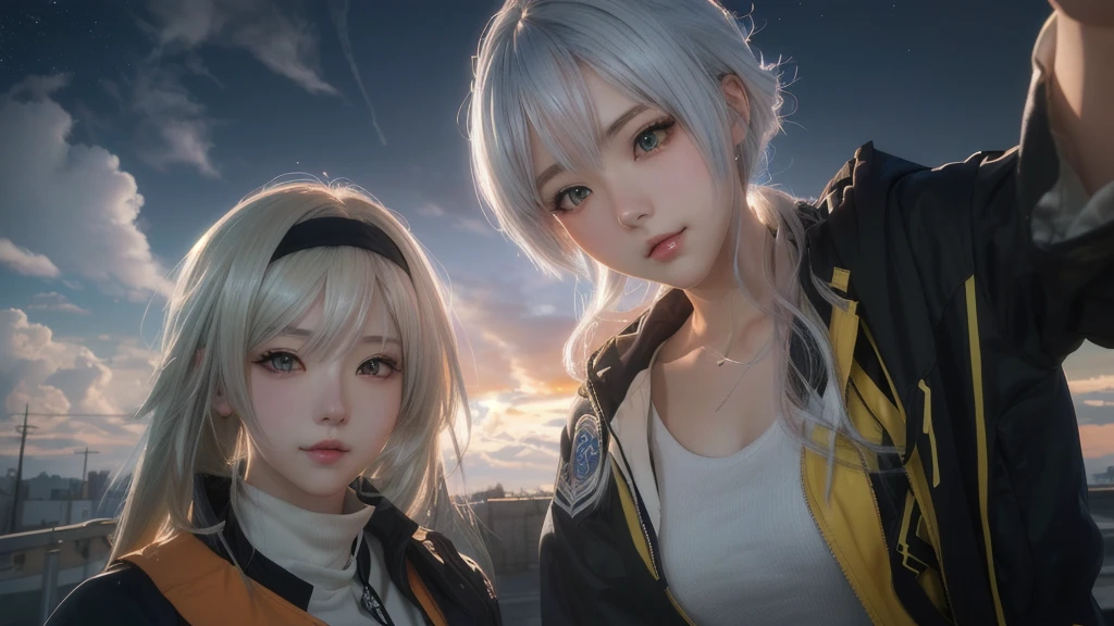 anime characters posing for a picture in front of a cloudy sky, artwork in the style of guweiz, realistic anime 3 d style, from girls frontline, 3 d anime realistic, wlop and sakimichan, anime style. 8k, best anime 4k konachan wallpaper, focus on two androids, guweiz, trending on cgstation