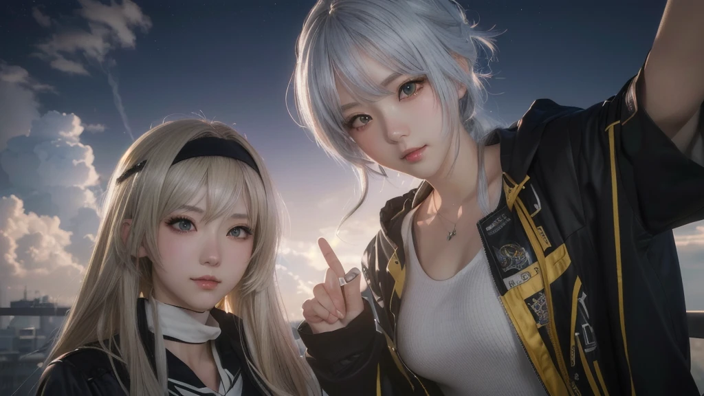 anime characters posing for a picture in front of a cloudy sky, artwork in the style of guweiz, realistic anime 3 d style, from girls frontline, 3 d anime realistic, wlop and sakimichan, anime style. 8k, best anime 4k konachan wallpaper, focus on two androids, guweiz, trending on cgstation