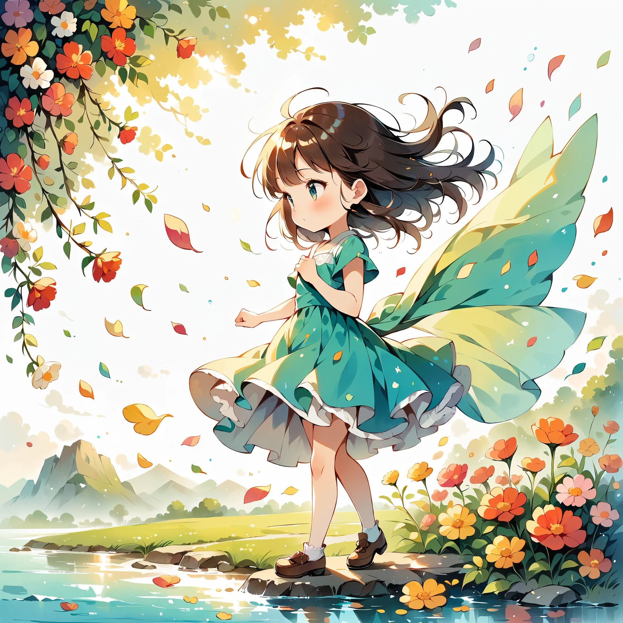 (Anime Style:1.2, masterpiece:1.2),(((1 girl))),((Little, Full body view))), Girl wearing flowers, Watercolor, Simple illustration, Flower storm, Colorful Water Bubbles,