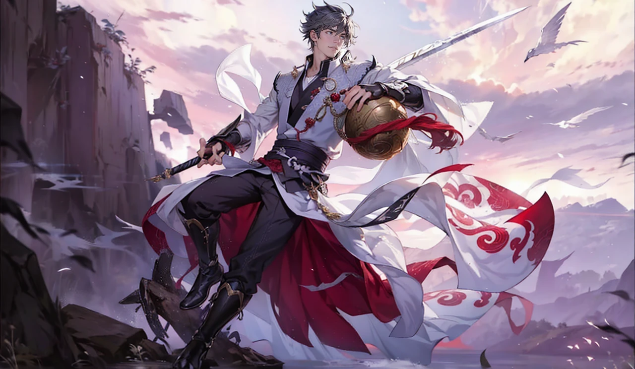 Anime com cores muito vivas, linhas sombras e cores bem definidas, um close up de uma pessoa segurando uma espada e um porongo, por Yang J, Heise Jinyao, keqing do impacto genshin, zhongli do impacto genshin, cai xukun, arte oficial, mobile wallpaper, handsome guy in demon slayer art, inspired por Yang Jin, Qi Yang, inspirado em Huang Shen, olchas logan cura liang xing
