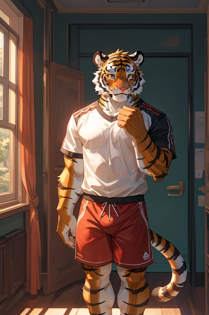 Tiger,High School Students,good-looking,Strong,strong,Tiger背熊腰,Regular height,Sportswear(Short black sleeves,Red shorts),Blushing cheeks,bedroom,The crotch is pronouncedly raised,Crotch bulge,Sexy,alone,Green,Close Range,Half face,shy,big eyes.