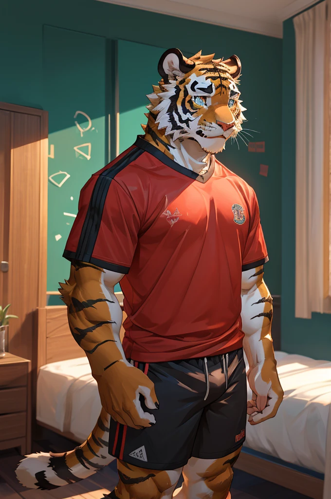 Tiger,High School Students,good-looking,Strong,strong,Tiger背熊腰,Regular height,Sportswear(Short black sleeves,Red shorts),Blushing cheeks,bedroom,The crotch is pronouncedly raised,Crotch bulge,Sexy,alone,Green,Close Range,Half face,shy,big eyes.