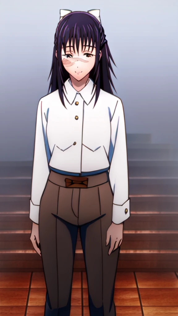 1girl, solo, long hair, solo, black hair, bow, hair bow, brown eyes, closed mouth, scar on face, bangs, ribbon, standing, hair ribbon, ponytail, white bow, scar on nose, half updo, blue shirt, grey pants, pov, smile, happy,
masterpiece, best quality,