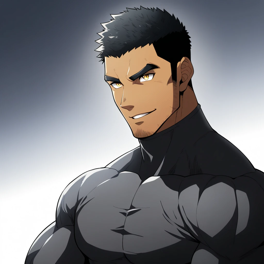 one negro, anime characters:Gyee, Hibino Kafka, Muscle Sports Student, negro black skin, Very Black, muscular tough guy, Manliness, male focus, Grey long sleeve turtleneck tight t-shirt, Regular symmetrical pattern, Very tight, muscular male, muscular, only, Upper body, alone, Black short hair, Thick eyebrows, stubble, Yellow eyes, White background, simple background, amazing quality, best aesthetics, Ridiculous, bright pupils, crew cut, parted lips, seductive smile, torogao, naughty face, best quality