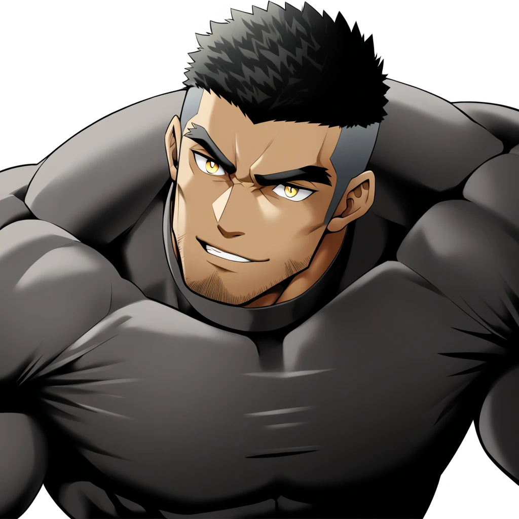 one negro, anime characters:Gyee, Hibino Kafka, Muscle Sports Student, negro black skin, Very Black, muscular tough guy, Manliness, male focus, Grey long sleeve turtleneck tight t-shirt, Regular symmetrical pattern, Very tight, muscular male, muscular, only, Upper body, alone, Black short hair, Thick eyebrows, stubble, Yellow eyes, White background, simple background, amazing quality, best aesthetics, Ridiculous, bright pupils, crew cut, parted lips, seductive smile, torogao, naughty face, best quality