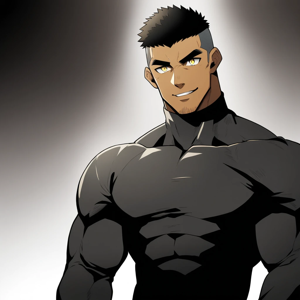 one negro, anime characters：Gyee, Hibino Kafka, Muscle Sports Student, negro black skin, Very Black, muscular tough guy, Manliness, male focus, Grey long sleeve turtleneck tight t-shirt, Regular symmetrical pattern, Very tight, muscular male, muscular, only, Upper body, alone, Black short hair, Thick eyebrows, stubble, Yellow eyes, White background, simple background, amazing quality, best aesthetics, Ridiculous, bright pupils, crew cut, parted lips, seductive smile, torogao, naughty face, best quality