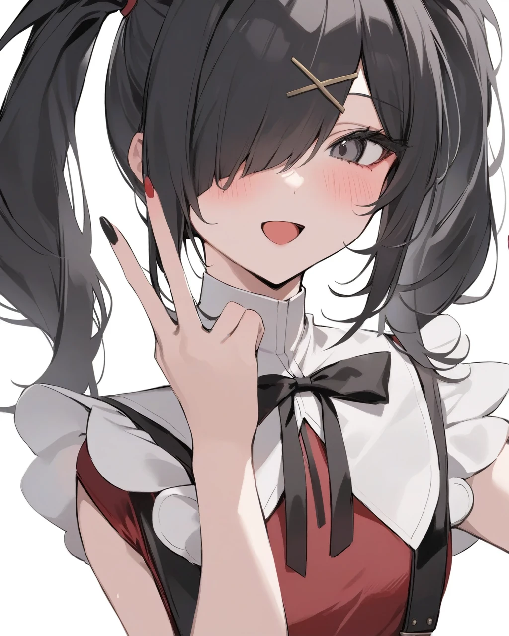 masterpiece,best quality,ame-chan \(needy girl overdose\),1girl,solo,black hair,twintails,v,hair over one eye,black ribbon,white background,open mouth,simple background,upper body,x hair ornament,black nails,neck ribbon,looking at viewer,blush,nail polish,suspenders,grey eyes,bangs,:d,hairclip,red sh,