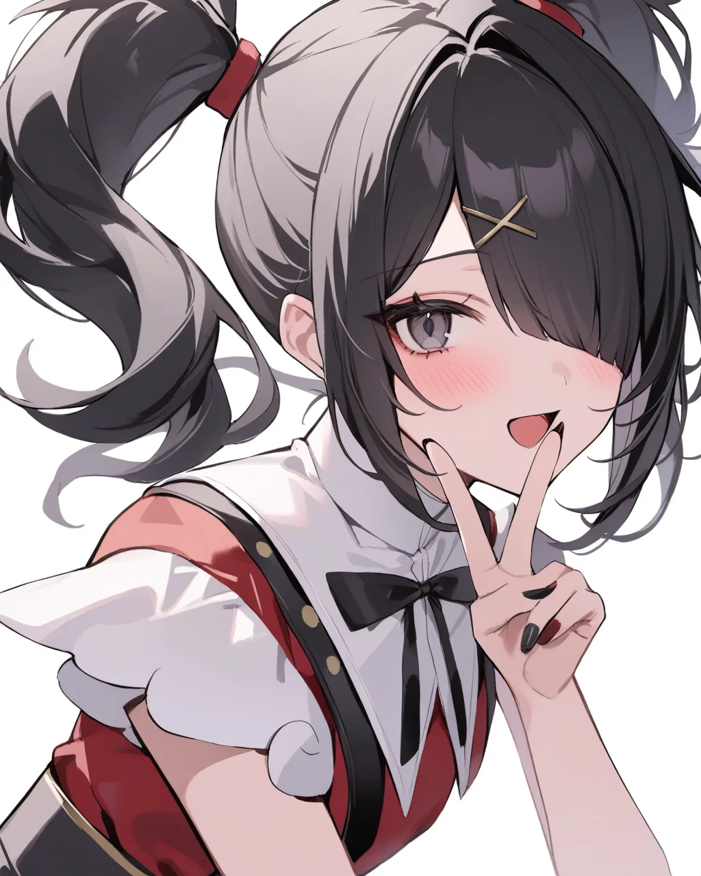 masterpiece,best quality,ame-chan \(needy girl overdose\),1girl,solo,black hair,twintails,v,hair over one eye,black ribbon,white background,open mouth,simple background,upper body,x hair ornament,black nails,neck ribbon,looking at viewer,blush,nail polish,suspenders,grey eyes,bangs,:d,hairclip,red sh,