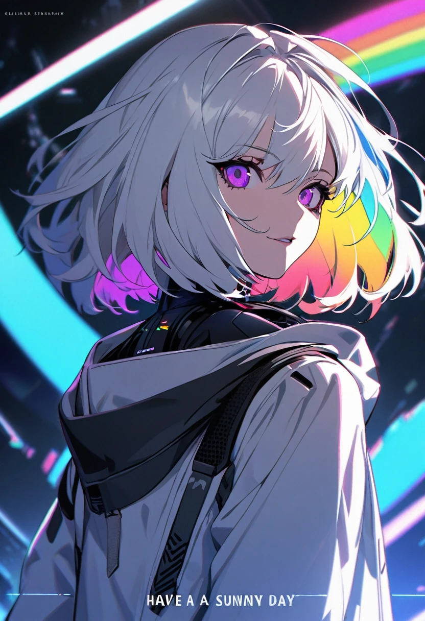 gm, have a nice day, It's a sunny day, Handsome, solo, 1 female, medium hair, white hair, rainbow hair, purple eyes, black and white hood, futuristic, cyberpunk, cybernetic