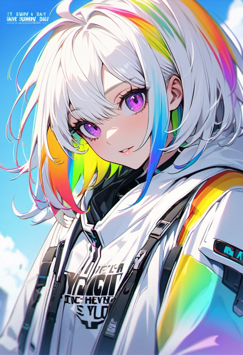 gm, have a nice day, It's a sunny day, Handsome, solo, 1 female, medium hair, white hair, rainbow hair, purple eyes, black and white hood, futuristic, cyberpunk, cybernetic