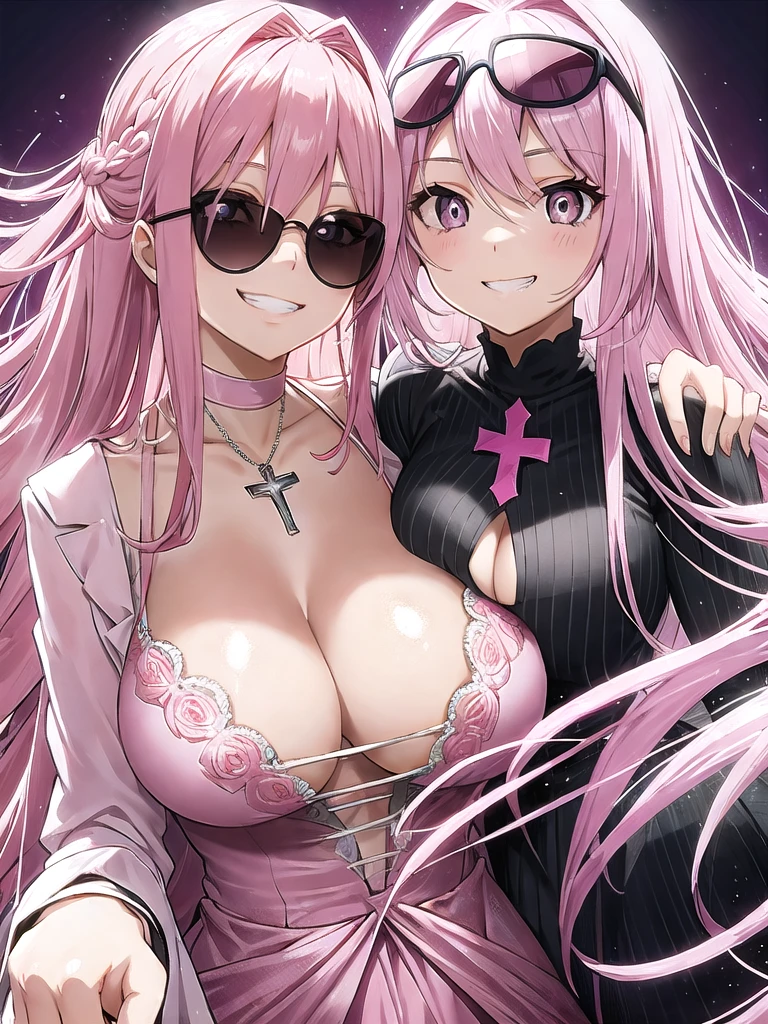 pink hair, grey eyes with pink pupils-crosses, cleavage, beautiful dress, accessories, round sunglasses on top of the head, straight hair, wavy front strands, cheeky grin, Removed bangs, black dress