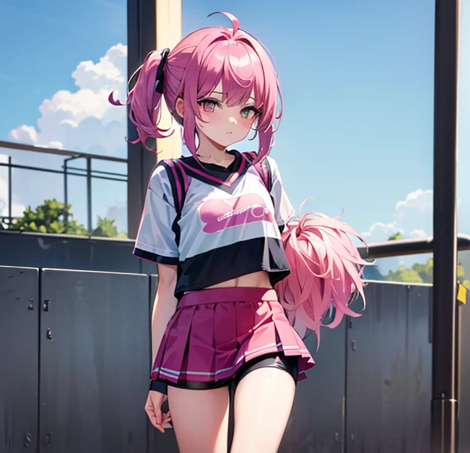 One Girl with pink, black and blue hair wearing small cheerleader top with a small sport shorts