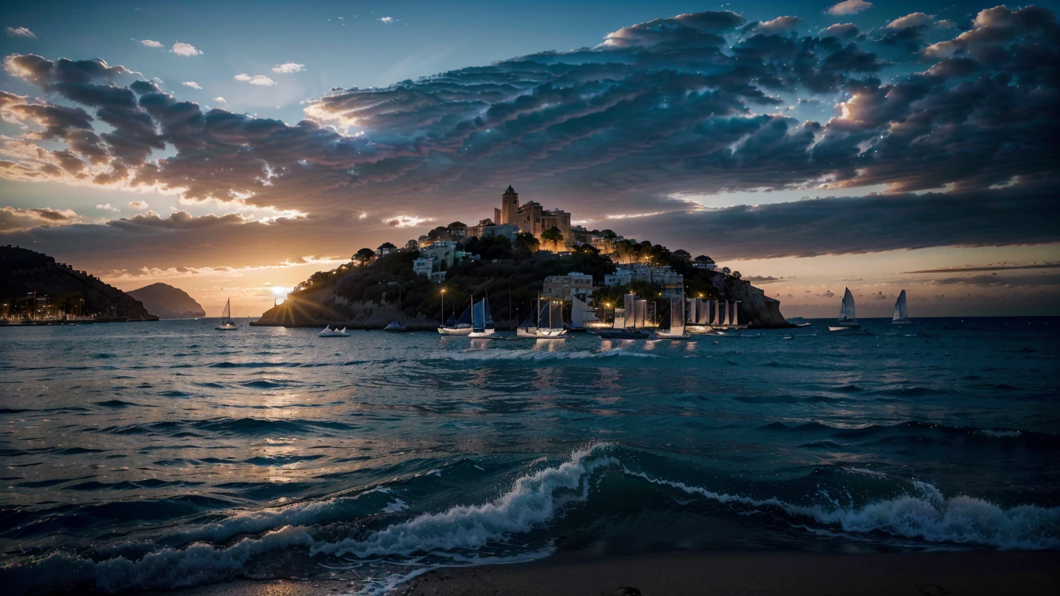 (ultra-high definition, hyper-realistic, highly detailed, high quality, sharp focus, professional lighting, vivid colors, intricate details), (beach in Ibiza Spain background with water, yachts, boats, detailed architecture, people, vibrant atmosphere), (best quality,4k,8k,16k,Highest,masterpiece:1.2),(realistic,photorealistic,photo-realistic:1.37), (extremely detailed CG unit, 16k wallpaper), 16k UHD, 16k HDR, Fujifilm XT3 sharp focus, professional lighting, vivid colors, intricate details, film grain, Fujifilm XT3 realistic painting art, f5.6, physically-based rendering, natural lighting, cinematic lighting ,dramatic lighting, professional, dynamic movement, colorful lighting, vibrant colors, studio lighting, professional photography, cinematic composition, symmetrical framing, landscape, Utilize state-of-the-art deep learning models and adjust parameters according to quality metrics such as Structural Similarity (SSIM) and Perceptual Loss to create an image that is indistinguishable from a real, high-quality photograph, fine-tuning, (be creative),