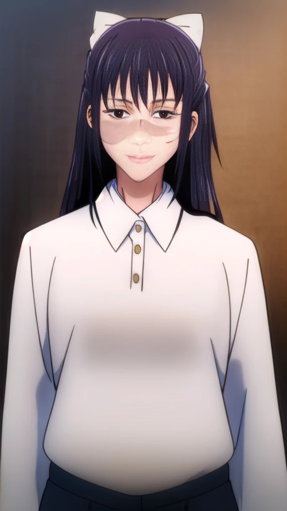  1girl, solo, long hair, solo, black hair, bow, hair bow, brown eyes, closed mouth, scar on face, bangs, ribbon, standing, hair ribbon, ponytail, white bow, scar on nose, half updo, blue shirt, grey pants, pov, smile, happy,
masterpiece, best quality, 