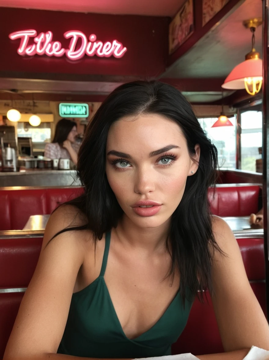 a realistic instagram photo of a [ really beautiful exotic androgynous supermodel 19 year old woman] , with [long, dark hair] , looks like [Megan FOX] and [Adriana Lima], light makeup, looking [innocent, cute, flushed] , diner [light] skin --ar 9:16 --stylize 750 --v 6