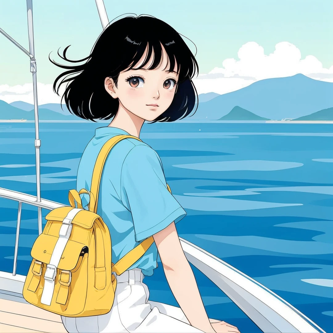 a woman with a backpack sitting on a boat, korean artist, anime girl walking on water, on the sea, anime cover, on a yacht at sea, on the ocean, anime scenery, colored manga art, clean anime art, wallpaper anime blue water, cgsociety 9, manga cover art, sad lonely mellow vibes, ( colorful ), sail, anime / manga