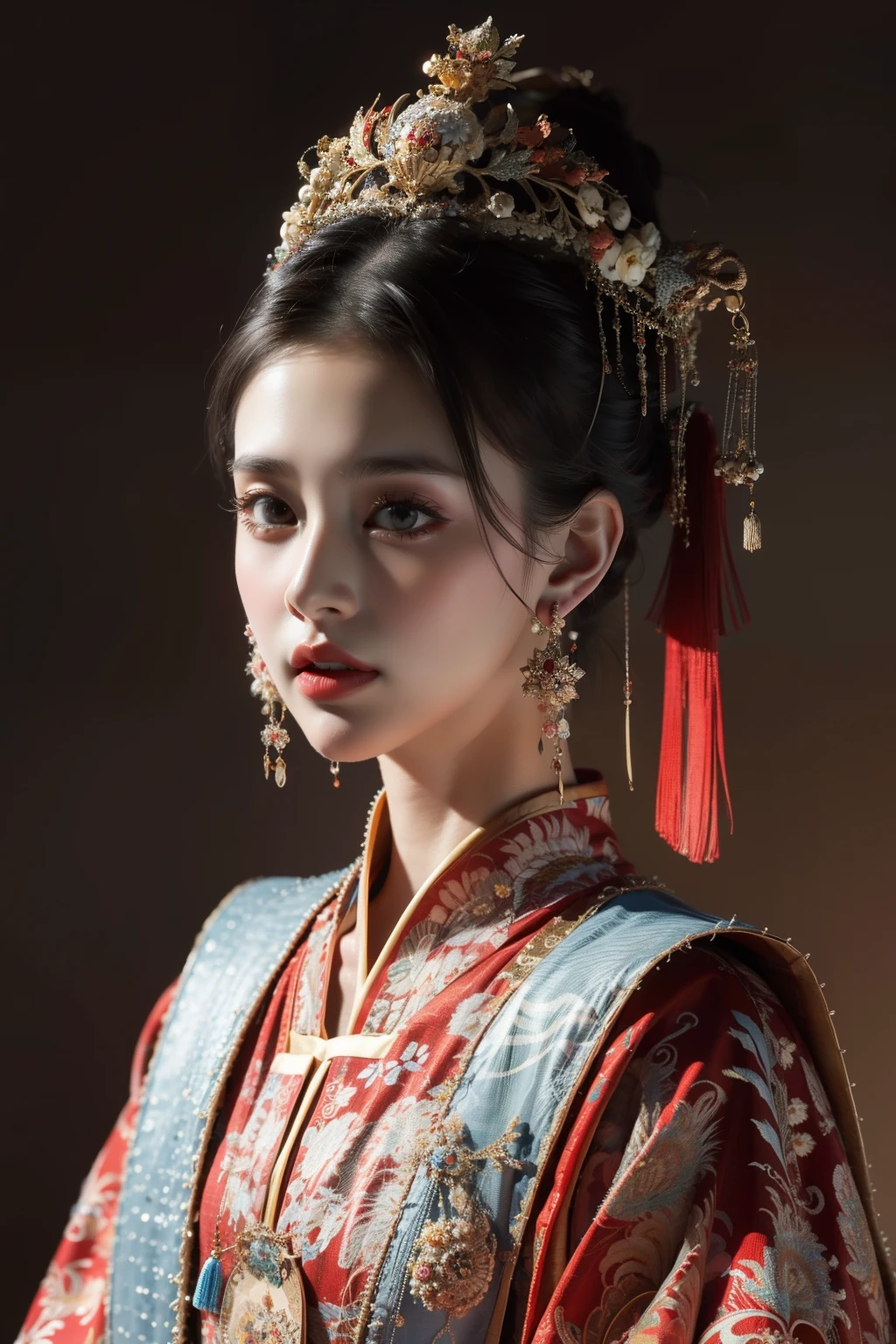 1 girl, Woman in red and gold Chinese dress，Phoenix Coronet，Chinese wedding，（masterpiece，Top quantity，Best quality，Official Art，Beauty and aesthetics：1.2），，Very detailed，，Most detailed，（ tangled:1.2), Glowing skin, Ultra-detailed skin texture，(multiple colour:1.4), ,(earrings), (feature:1.5), Complex pattern background in the same color，8K