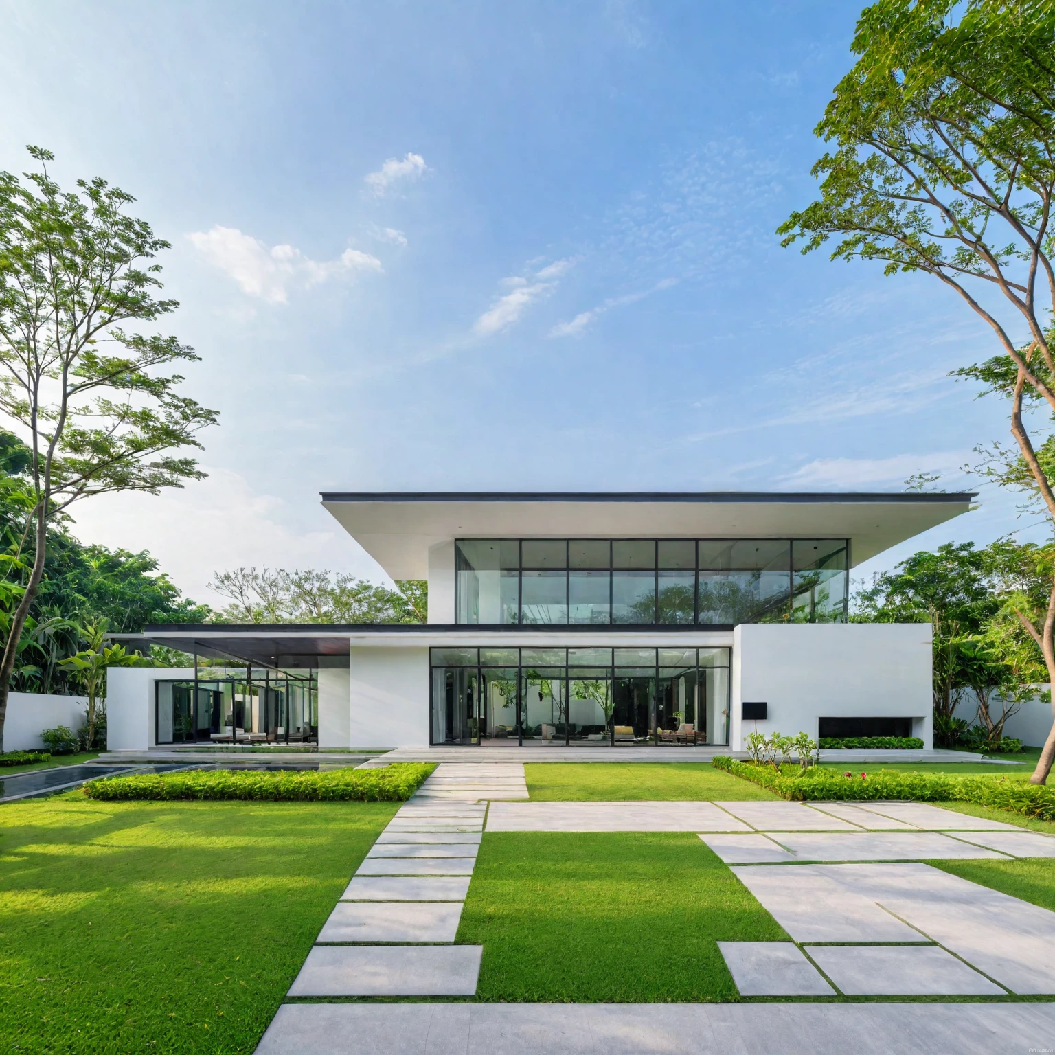 A modern minimalist style single-story villa with a flat roof, white walls and glass windows in Vietnam is surrounded by green lawns, ((road)), ((sidewalk)), (sidewalk trees), The overall architectural design features clean lines and simplicity, creating an elegant atmosphere. Use professional photography techniques to capture details and highlight the unique architecture of contemporary luxury houses in the style of minimalism