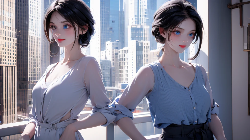 1 Boy&Girl , Boy medium light black hair, Girl medium light Blue hair, light blue eyes, wearing black suit, night city, 18+ , high res, ultrasharp, 8K, masterpiece, looking from behind
