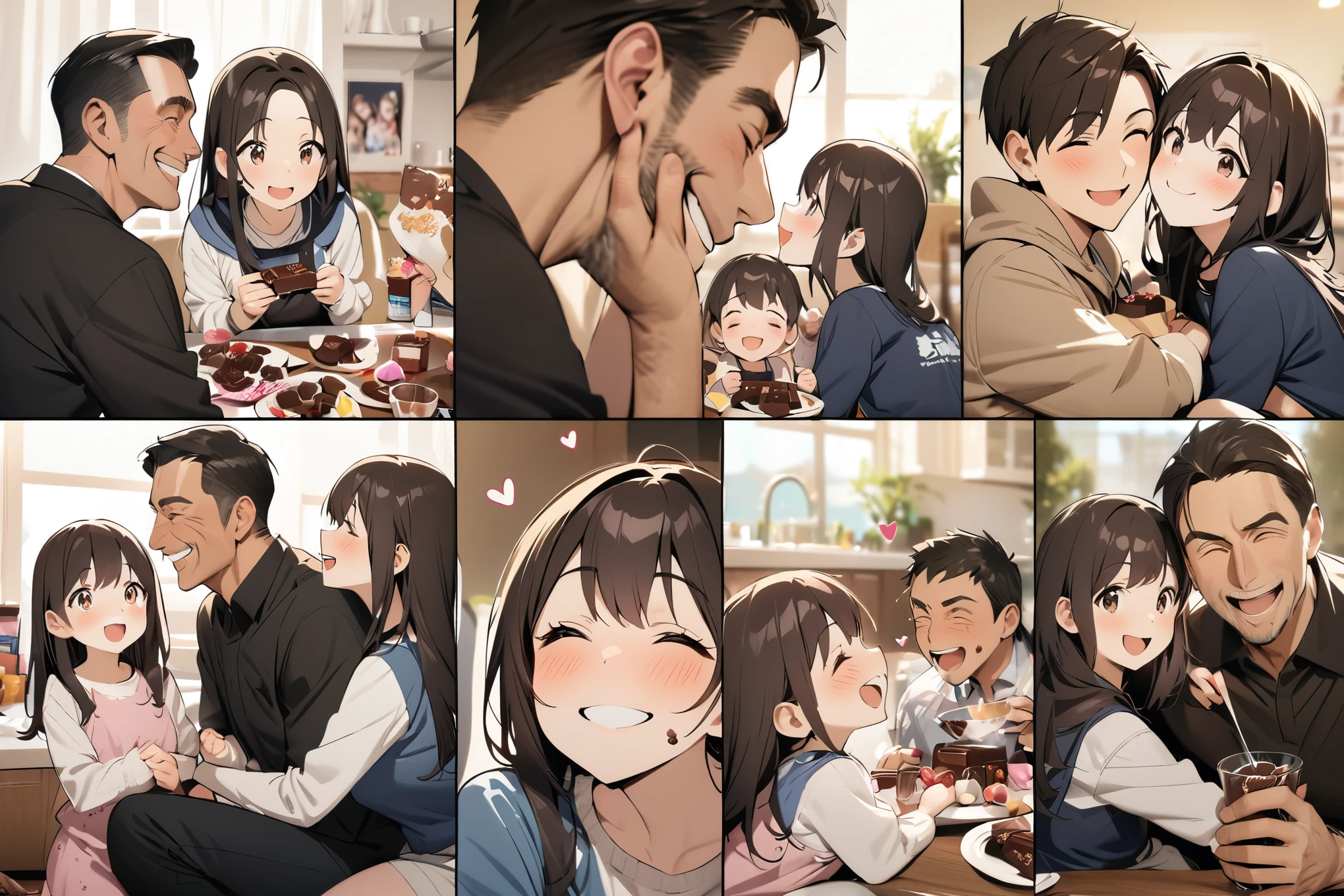 masterpiece, family collage, 1 father, 2 daughters, family Day, happy, Smile, chocolate, candy, Heart