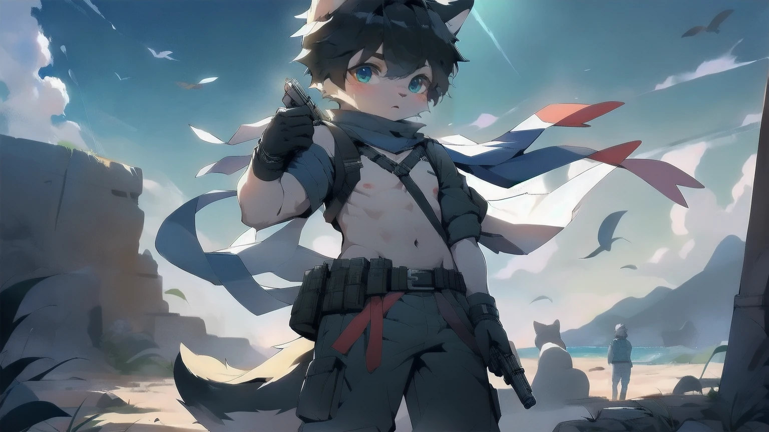White wolf, male, young, handsome, anime male protagonist, black hair, black ears, furry, sky blue eyes, blue-black military uniform, armband, scarf, wind, black gloves, white furry arms, carrying a gun on his back with the butt exposed, the gun belt pressed on his clothes, wearing tactical goggles, wolf tail, wolf ears, special forces, commando, confident,only one person