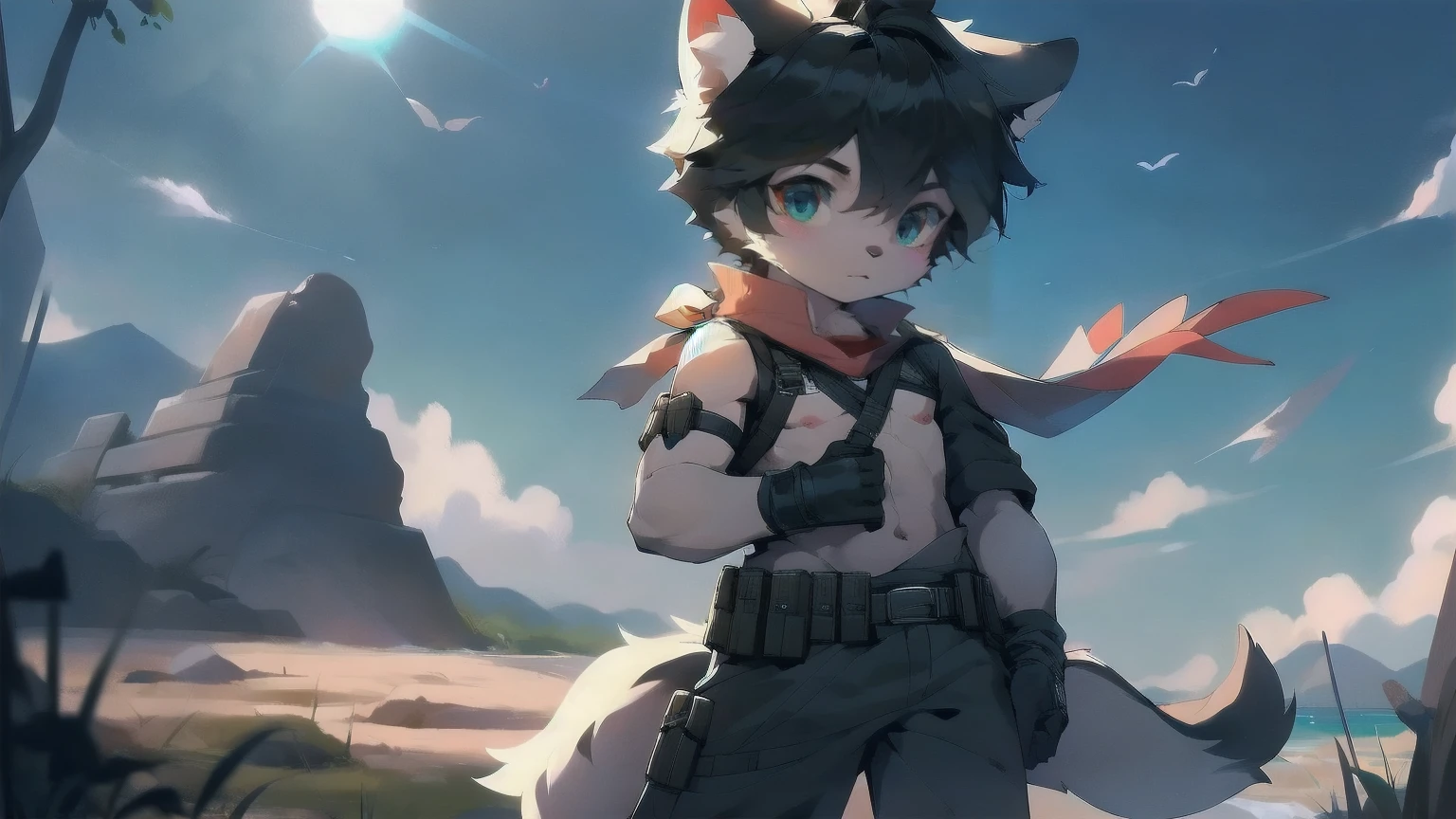 White wolf, male, young, handsome, anime male protagonist, black hair, black ears, furry, sky blue eyes, blue-black military uniform, armband, scarf, wind, black gloves, white furry arms, carrying a gun on his back with the butt exposed, the gun belt pressed on his clothes, wearing tactical goggles, wolf tail, wolf ears, special forces, commando, confident，only one person