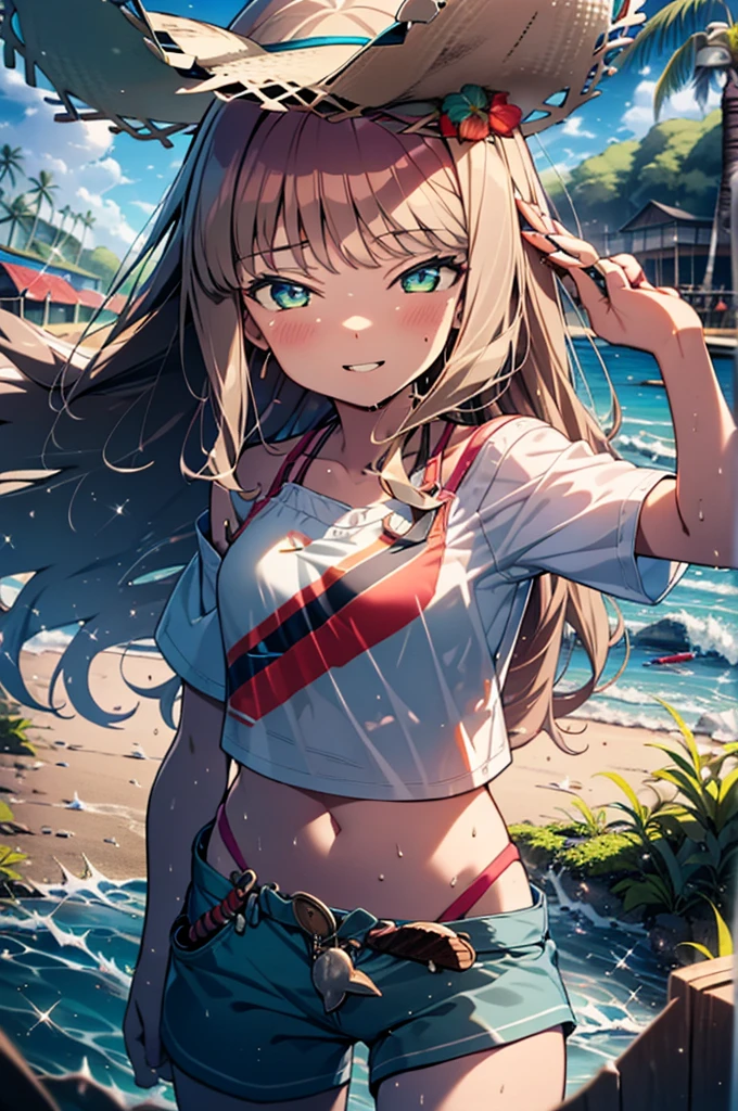 Tropical Dream Bud,Tropical Dream Bud sss Dynazenon ,Brown Hair,Long Hair,Green Eyes,Big straw hat,smile,blush,Hibiscus hair accessory,Blue bikini swimsuit,barefoot,Oversized T-shirt,break outdoors, Beach,Sandy Beach,
break looking at viewer,whole body, (Cowboy Shot:1.5),
break (masterpiece:1.2), Highest quality, High resolution, unity 8k wallpaper, (figure:0.8), (Beautiful fine details:1.6), Highly detailed face, Perfect lighting, Highly detailed CG, (Perfect hands, Perfect Anatomy),