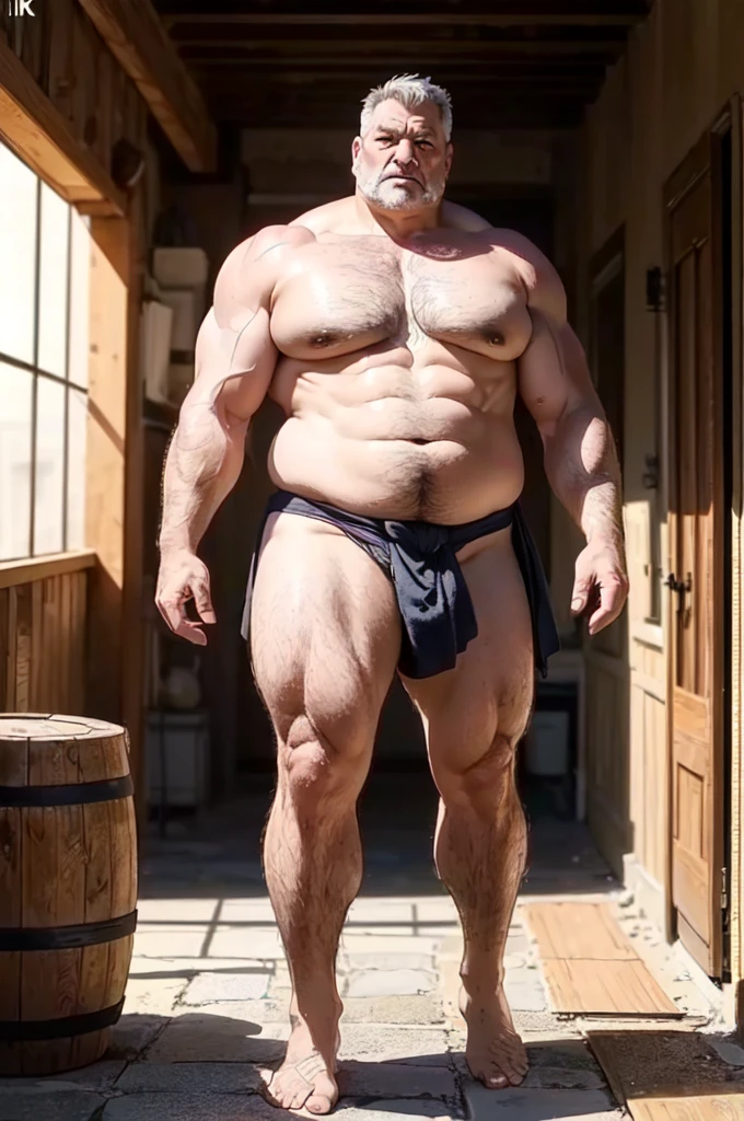 ((hand, refer to, hand袋, perfect hand)) (Highest quality,4K,8k,High resolution,masterpiece:1.2),Super detailed,(Realistic,photoRealistic,photo-Realistic:1.37),Muscular、Very big body、An old man in a loincloth、Standing with your legs apart、I'm in a hot spring、Skinhead、Strong white beard、Wide shoulders、Blood vessels in muscles、Gentle lighting