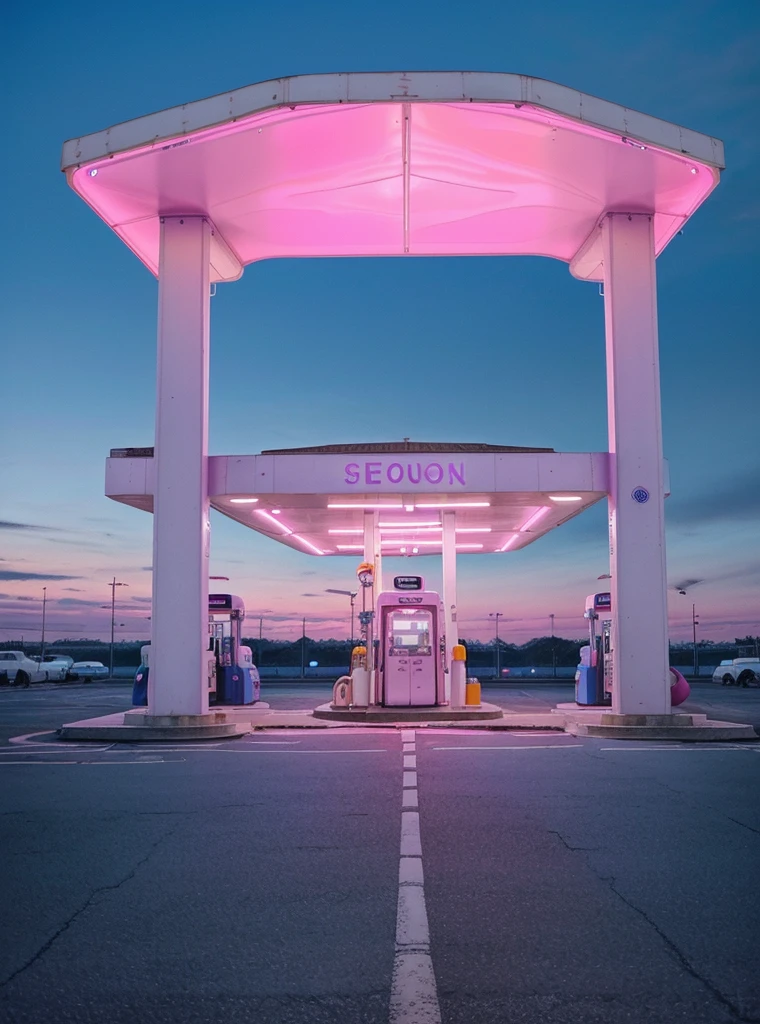 A gas station outside, the roof is white with purple and pink accents, the city in the background is futuristic and neon with pink and blue buildings, flashing lights, ground view, high quality