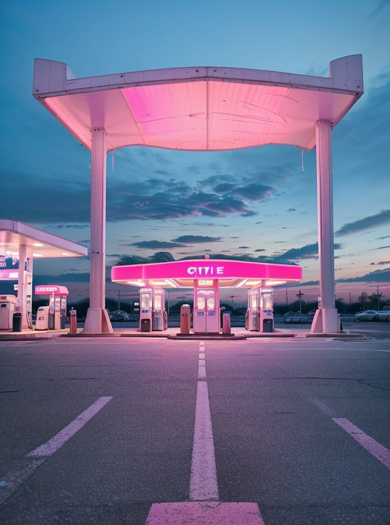 A gas station outside, the roof is white with purple and pink accents, the city in the background is futuristic and neon with pink and blue buildings, flashing lights, ground view, high quality 