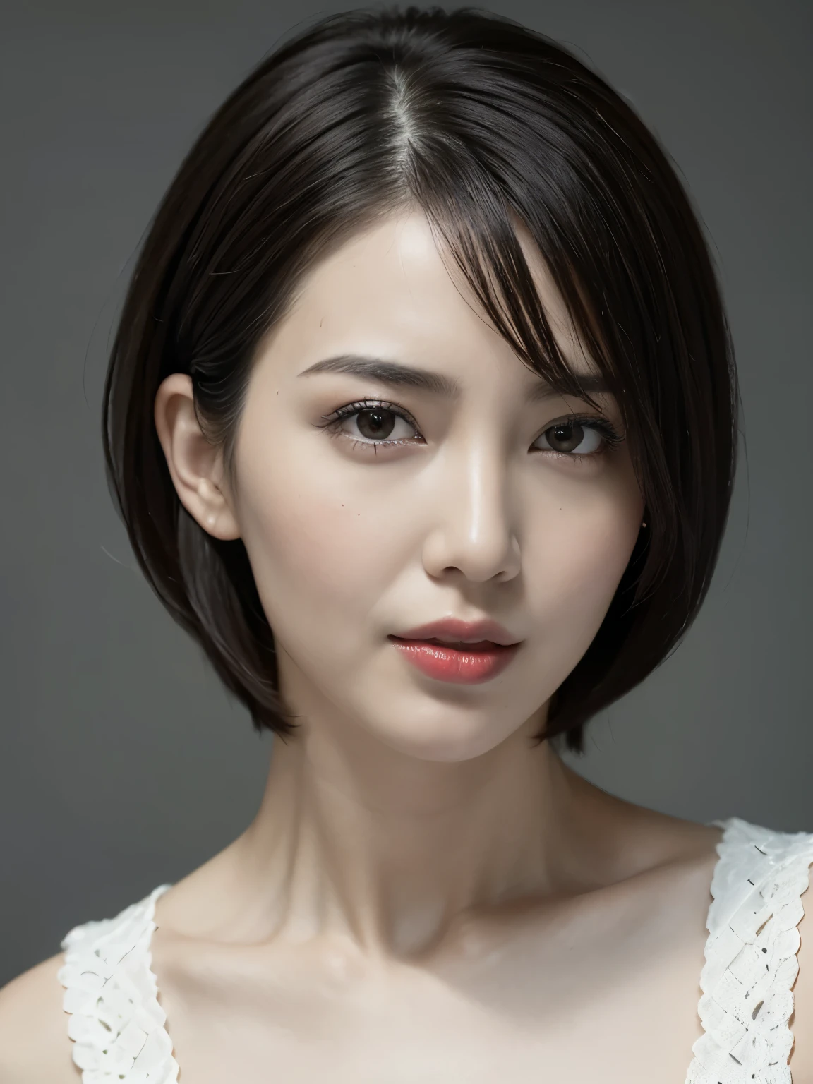 Highest quality, Realistic, Very detailed, High resolution, 8k wallpaper, RAW Photos, Professional photography, Realistic, 1 Girl, (((Black and white photography))), (((Only lips red))), Upper Body, short hair, Bob Hair, Straight hair, Shapely small breasts, Perfect Face, (Face close-up), ((Looking into the camera)), (From below)