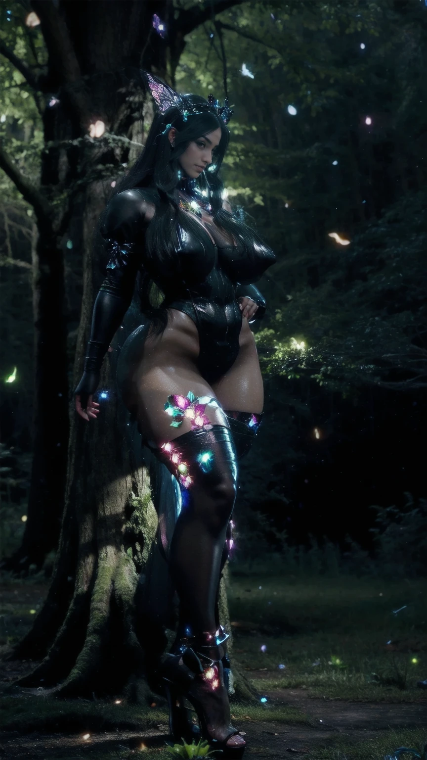 A big gorgeous real fairy in beautiful glowing fairy frock smiling face tall thick body long black hair,full crystal magic heels (inside the big tree dark scenary) fireflies in the dark scenary