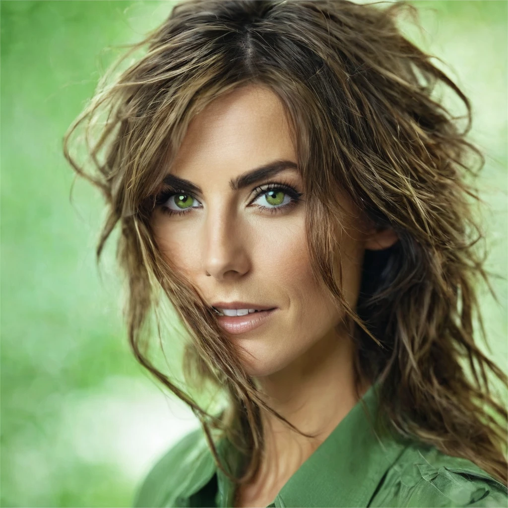 ultra sharp portrait, woman with huge shaggy beard on the cheeks under the eyes, tied brown hair, light green eyes, big nose