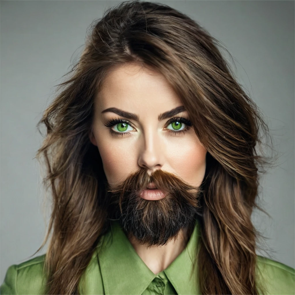 ultra sharp portrait, woman with huge shaggy beard on the cheeks under the eyes, tied brown hair, light green eyes, big nose