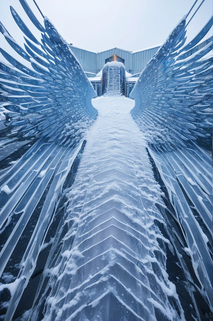 Eldritch Tech, Ultra-realistic photos, Film Grain, 800 for Kodak Port, F1.8,The body length is about 12 meters、It weighs about 3,500 kilograms。Its exterior is covered with transparent scales like ice.、with huge wings , Snowstorm, heavy snow, the snow's, mist, Dim diffuse light