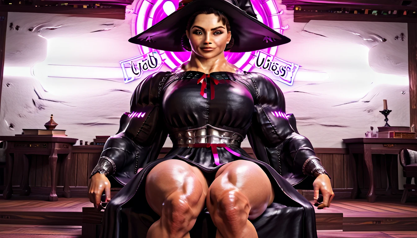 Luisa, score_9,score_8_up,score_7_up,score_6_up, (((3d, realistic, masterpiece, best quality, highest quality, ultra detailed, insanely detailed, beautiful detailed face))), (((1girl, solo, alone))), (((brown short hair, hair bun with red ribbon, brown eyes, muscular, defined and bulging muscles, thick thighs, big breasts))), looking at viewer, smile, parted lips,
((( glowing neon lights, sitting in wooden chair, armoured, black witch hat, black witch robe, pink glow, pink magical energy, full body ))),
sexy pose, dynamic pose, dynamic angle, cowboy shot,
indoor, wooden hut,