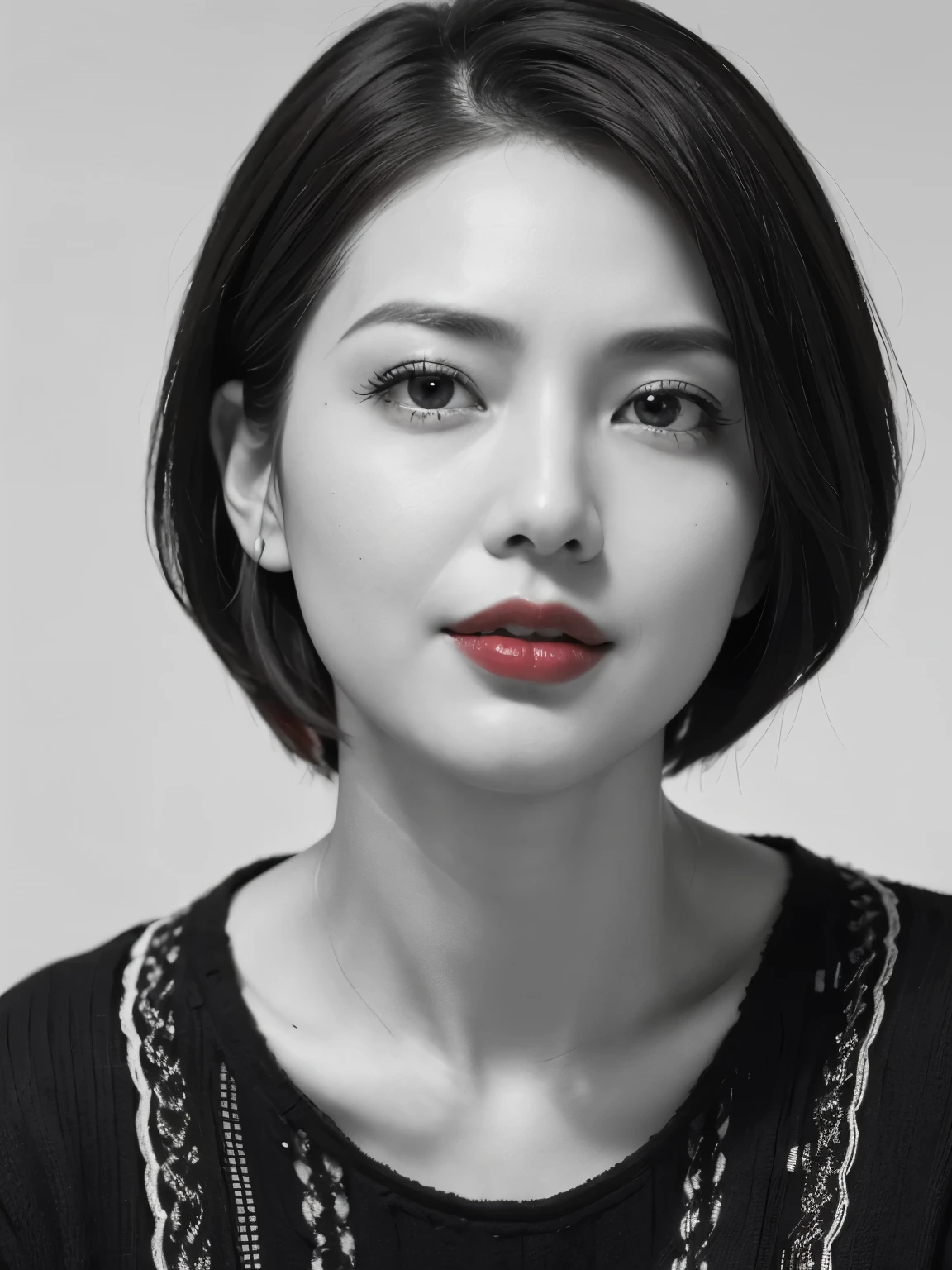 Tabletop, Highest quality, Realistic, Very detailed, finely, High resolution, 8k wallpaper, RAW Photos, Professional, High level of detail, 1 girl, (((Black and white photography))), (((Red lips))), (((Looking into the camera))), (((Facing forward))), Upper Body, short hair, Bob Hair, (Straight hair), Shapely breasts, Cleavage, V-neck see-through knit sweater