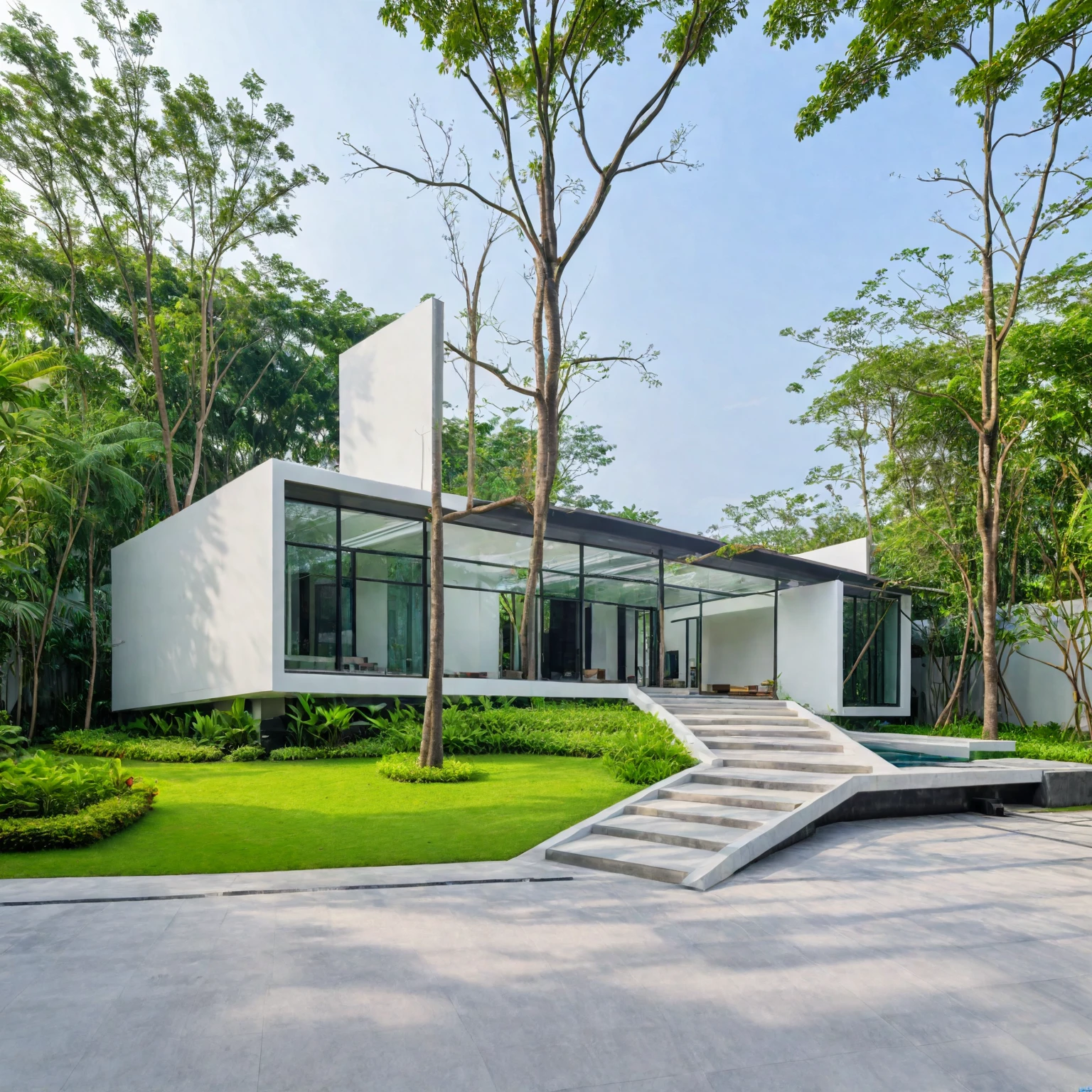 A modern minimalist style single-story villa with a flat roof, white walls and glass windows in Vietnam is surrounded by green lawns, ((road)), ((sidewalk)), (sidewalk trees), The overall architectural design features clean lines and simplicity, creating an elegant atmosphere. Use professional photography techniques to capture details and highlight the unique architecture of contemporary luxury houses in the style of minimalism