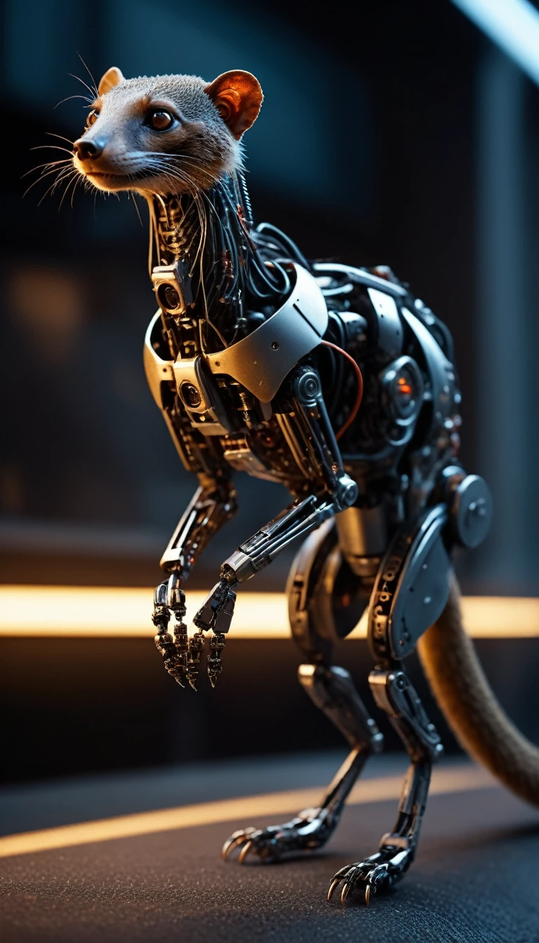 Translucent movie stills (Mongoose as a cybernetic robot:1.5), (Glowing Veins:1.3) (The cable enters the body, circuit:1.3), Very detailed, Vignette, Very detailed, High budget, Bokeh, Sulky, amazing, nice, Film Grain, granular