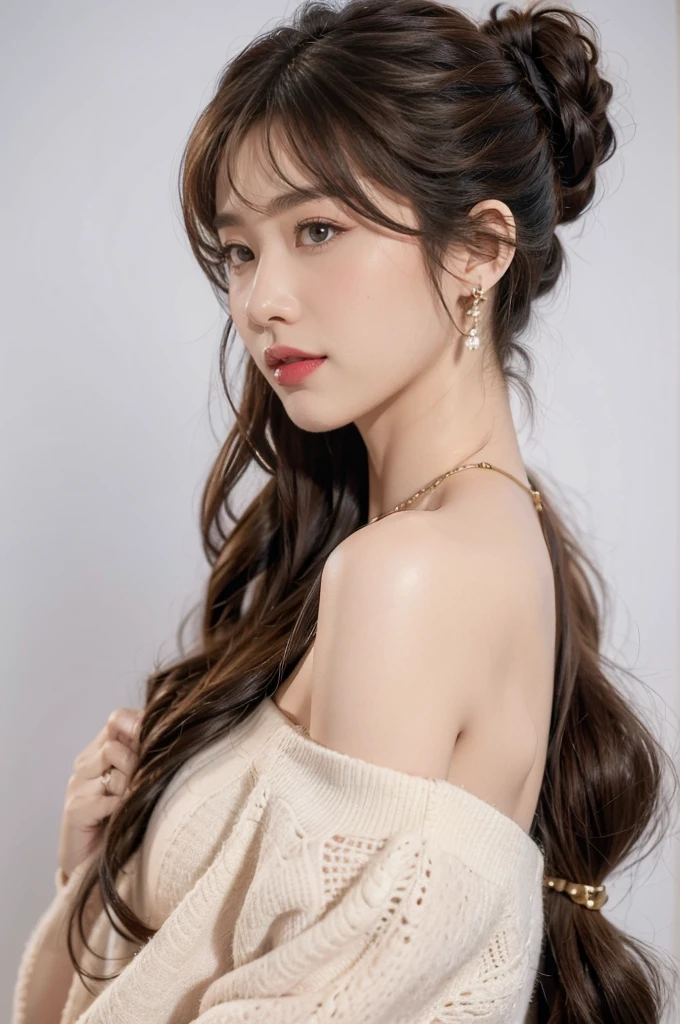 ((Highest quality, 8K, masterpiece:1.3)), concentrate: 1.2, Perfect body beauty: 1.4, Hips: 1.2, ((Long Hair, chest: 1.2)), (Dry clothes: 1.1) , (clear, Simple Background:1.3), Simple clothes: 1.1, Highly detailed face and skin texture,Delicate eyes, double eyelid, Whitened skin, Rough skin、Long Hair、Earrings with bangs、necklace、 solo、Beige coat、White shirt, (((Beautiful girl with cute Japan)))、 ((Beautiful Japanese girl 20 years old))、 ((Baby Face))、 (((Slender body)))、 Upper Body,Face focus、necklace,Simple Background,From above, Realistic Hair、 A photograph was taken:Canon EOS R6、135mm、1/1250 seconds、f2.8、ISO400、(Detailed explanation of the hand)、(Masseter muscle area)、(Exquisite CG)、Long Hair, loose and curly hair、Korean Hair、Long Hair明るいベージュ色、グラデーションハイライトグレージュのゆるふわLong Hairスタイル、