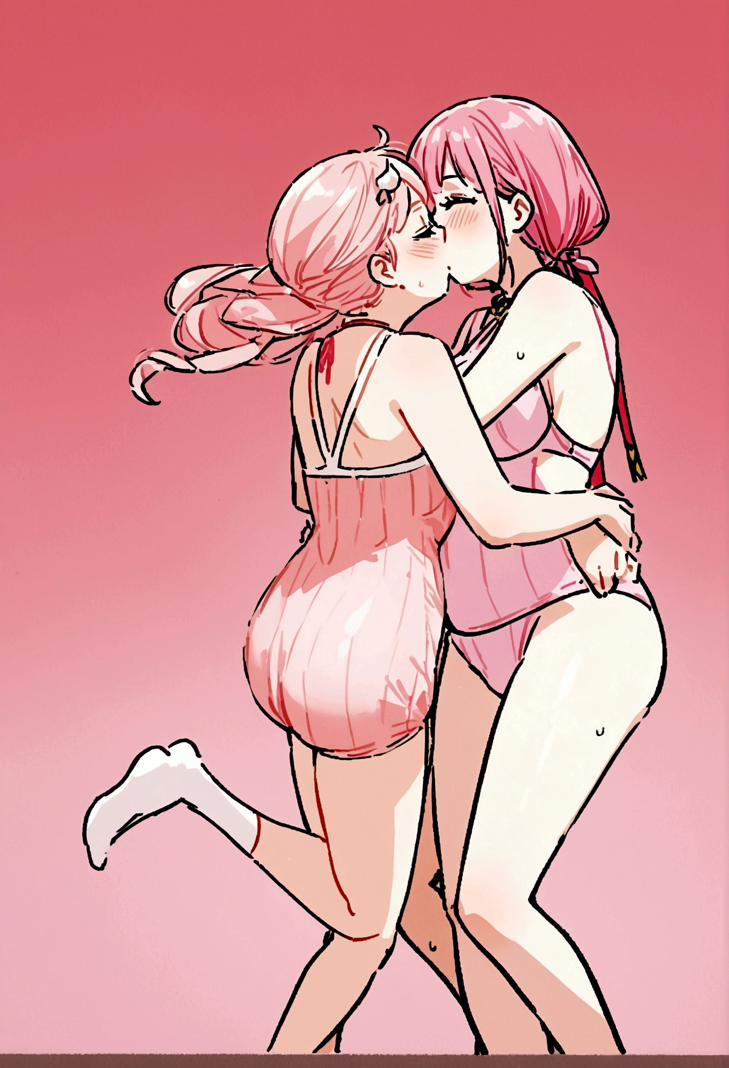 Obra maestra, mejor calidad, Arte oficial, fondo de pantalla 8k, Muy detallado, illustration, 2 girls with pink hair kissing and wearing pink swimsuits and jumping 