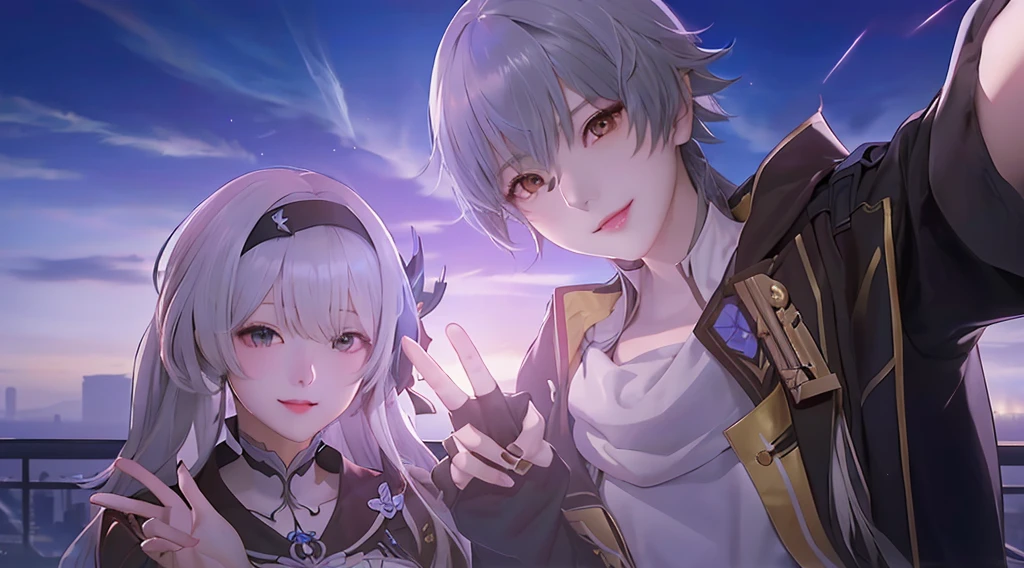 anime characters posing for a picture in front of a city, from girls frontline, keqing from genshin impact, from the azur lane videogame, sakimichan and frank franzzeta, genshin, hidari and vlop, official artwork, girls frontline universe, ayaka genshin impact, detailed key anime art, fine details. girls frontline