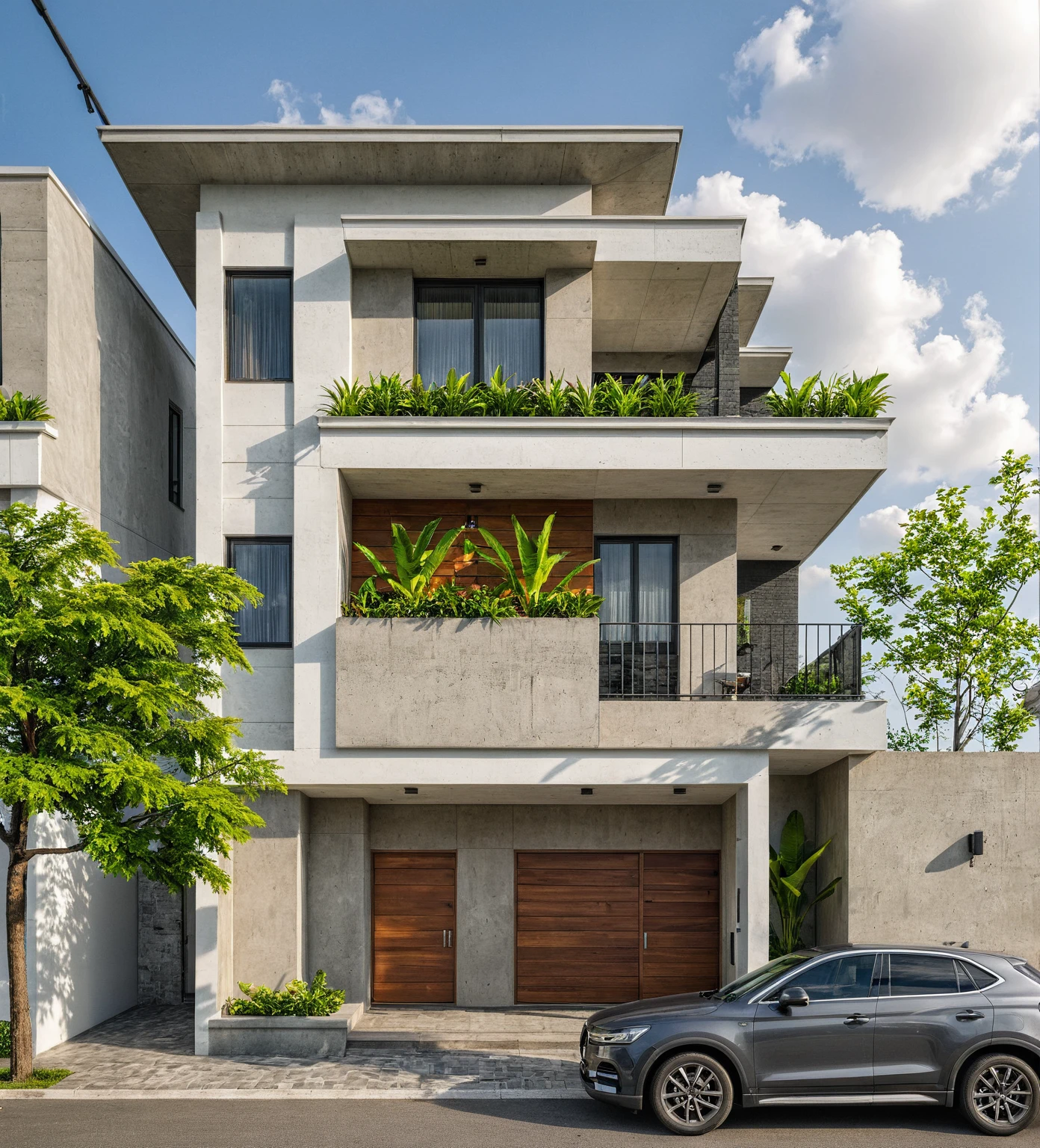 Masterpiece, high quality, best quality, authentic, realistic scene, super detail, conwood wall, concrete roof, outdoors, house on the street, white wall, glass window, steel gate, road, pavement, grass, trees, sky, cloud, car, crowded street (daylight:1.1)