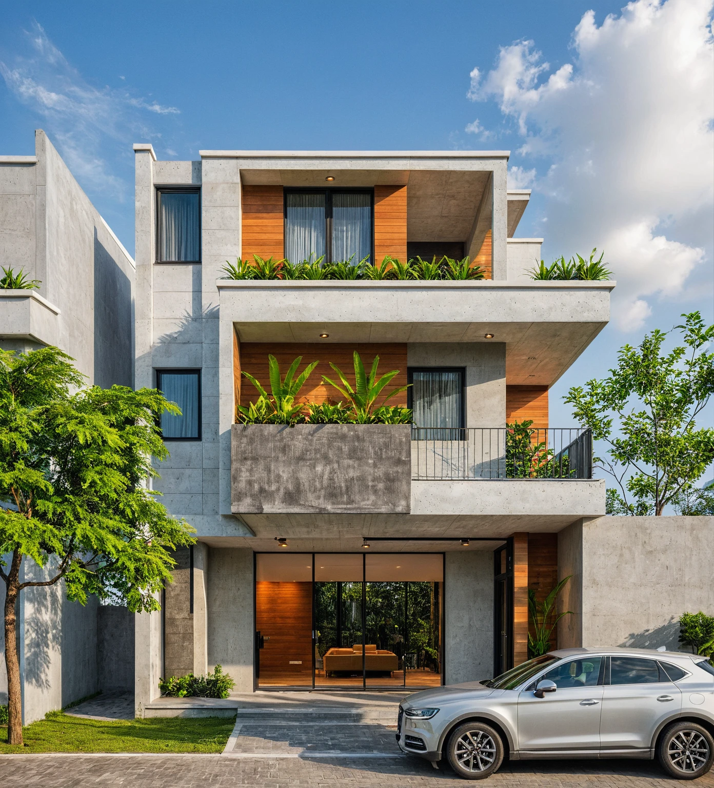 Masterpiece, high quality, best quality, authentic, realistic scene, super detail, conwood wall, concrete roof, outdoors, house on the street, white wall, glass window, steel gate, road, pavement, grass, trees, sky, cloud, car, crowded street (daylight:1.1)
