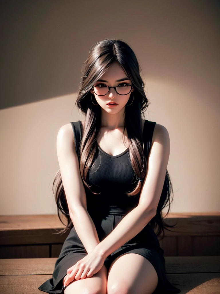 1girl, sitting, round glowing glasses, modern black teenage dress, sitting on white sofa, 4 large muscular black men in the background, (best quality,4k,8k,highres,masterpiece:1.2),ultra-detailed,(realistic,photorealistic,photo-realistic:1.37),HDR,vivid colors,dramatic lighting,cinematic,intricate details,hyperrealistic,chiaroscuro lighting,elegant,graceful pose 