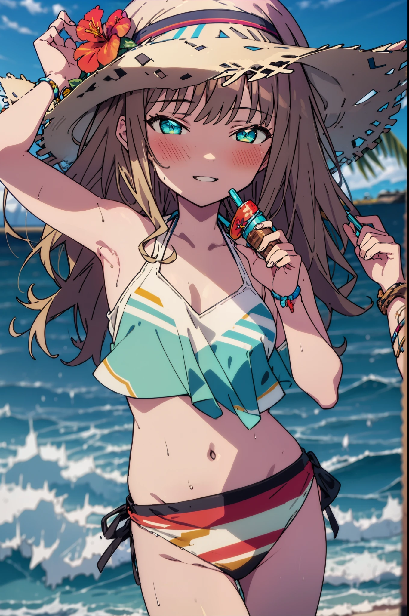 Tropical Dream Bud,Tropical Dream Bud sss Dynazenon ,Brown Hair,Long Hair,Green Eyes,Big straw hat,smile,blush,Hibiscus hair accessory,Blue bikini swimsuit,barefoot,Oversized T-shirt,break outdoors, Beach,
break looking at viewer,whole body, (Cowboy Shot:1.5),
break (masterpiece:1.2), Highest quality, High resolution, unity 8k wallpaper, (figure:0.8), (Beautiful fine details:1.6), Highly detailed face, Perfect lighting, Highly detailed CG, (Perfect hands, Perfect Anatomy),